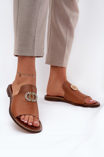Zapatillas elegantes de cuero para mujer con adornos Zazoo 3008 color marrón 2