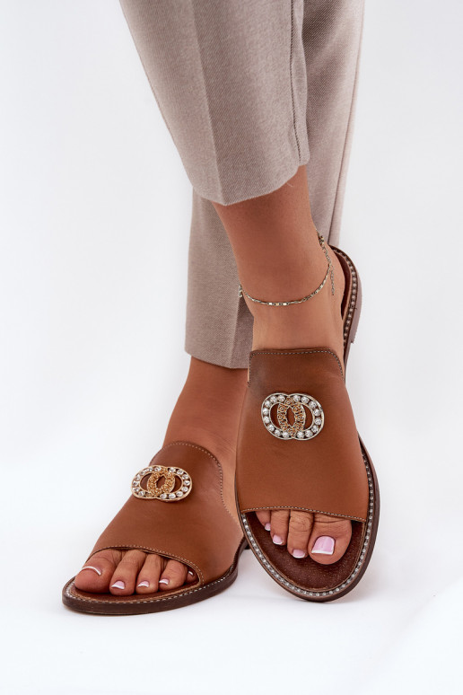 Estilo elegante Zapatillas de cuero Femenino con adornos Zazoo 3008 color marrón Estilo elegante Zapatillas de cuero Femenino con adornos Zazoo 3008 color marrón