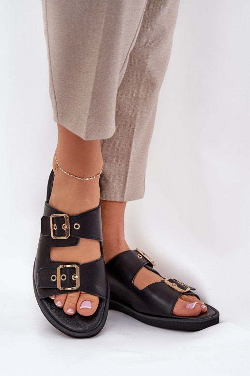 Piel isósceles Zapatillas con hebillas Zazoo 3020 de color negro Piel isósceles Zapatillas con hebillas Zazoo 3020 de color negro