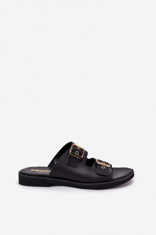 Piel isósceles Zapatillas con hebillas Zazoo 3020 de color negro Piel isósceles Zapatillas con hebillas Zazoo 3020 de color negro