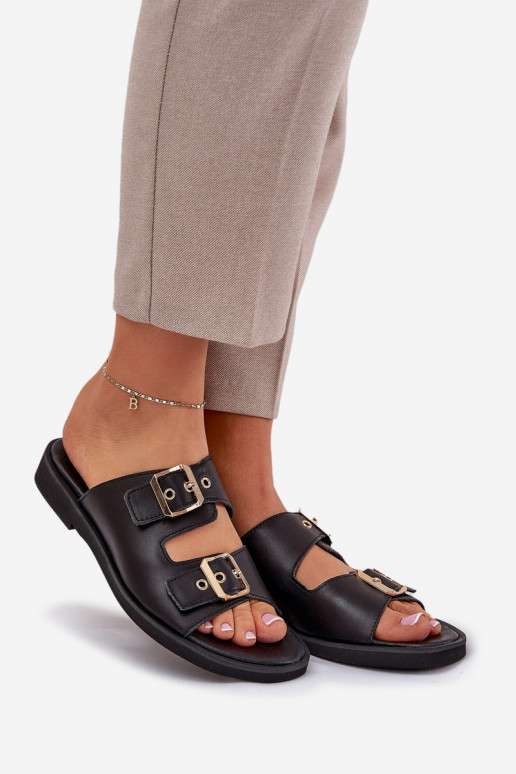 Piel isósceles Zapatillas con hebillas Zazoo 3020 de color negro Piel isósceles Zapatillas con hebillas Zazoo 3020 de color negro