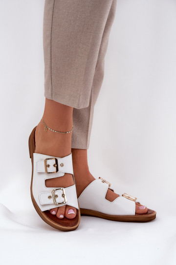 Zapatillas de cuero planas con hebillas Zazoo 3020 color blanco