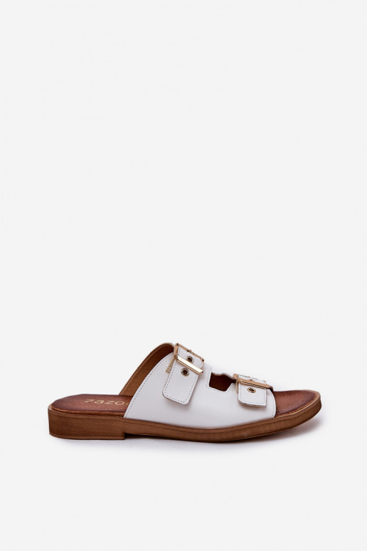 Piel isósceles Zapatillas con hebillas Zazoo 3020 el color blanco Piel isósceles Zapatillas con hebillas Zazoo 3020 el color blanco