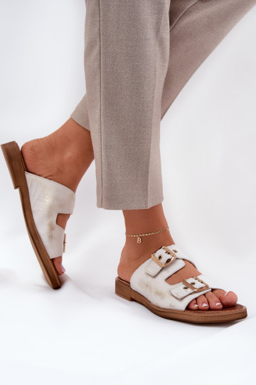 Piel isósceles Zapatillas con hebillas Zazoo 3020 color dorado Przecierany