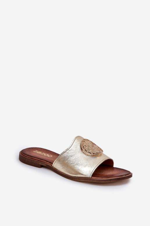 Zazoo 2938 Zapatillas de cuero con tacones anchos con adornos color dorado Zazoo 2938 Zapatillas de cuero con tacones anchos con adornos color dorado