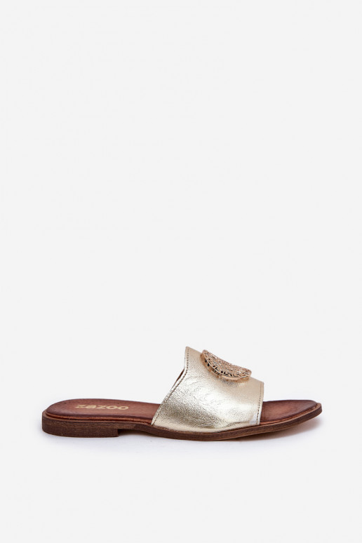 Zazoo 2938 Zapatillas de cuero con tacones anchos con adornos color dorado Zazoo 2938 Zapatillas de cuero con tacones anchos con adornos color dorado