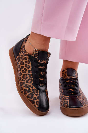 Zapatillas deportivas de cuero para mujer con estampado de piel de leopardo Laura Messi 2935 color marrón