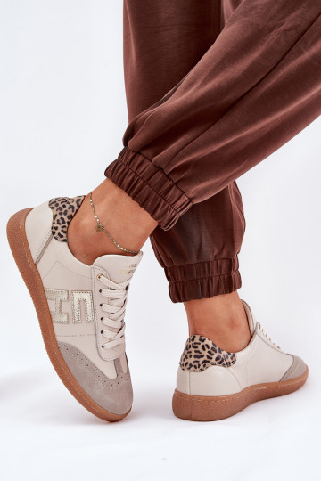 Zapatillas deportivas de cuero "Sneakers" con estampado de piel de leopardo CheBello 4640 color arena