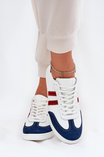 Zapatillas deportivas de cuero bajo Zazoo N1068 para mujer color blanco y azul marino 2