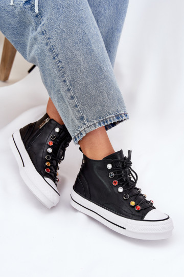 Zapatos de ocio de piel para mujeres con caña GOE RR2N4101 color negro