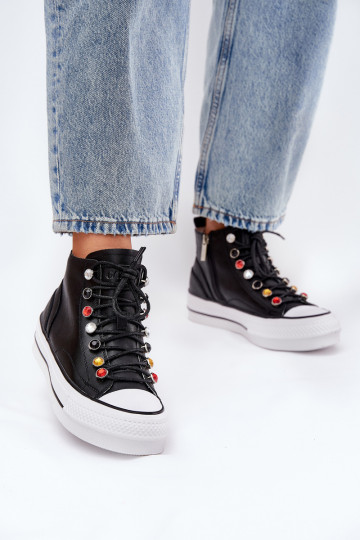 Zapatos de ocio de piel para mujeres con caña GOE RR2N4101 color negro 2