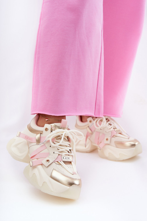 Piel Zapatillas modelo zapatos. Femenino con suelas masivas de moda GOE RR2N4031 beige