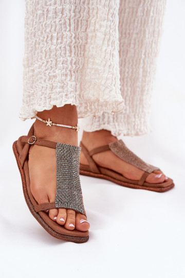 Sandalias elegantes de tacón bajo para mujeres con detalles brillantes Artiker 56C1365 marrones