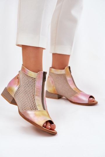 Botines de cuero para mujeres con tacones amplios y punta abierta Tai turiciejka 06413-15 rosas-naranjas