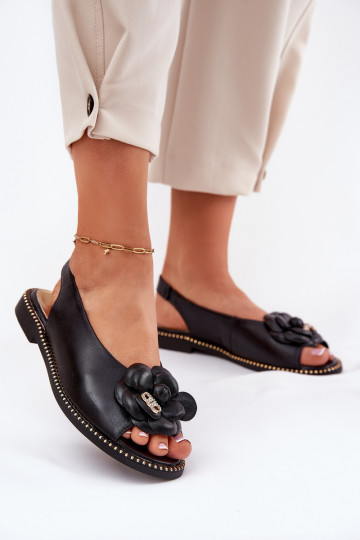 Sandalias de cuero planas con adornos CheBello 4642 negras 2