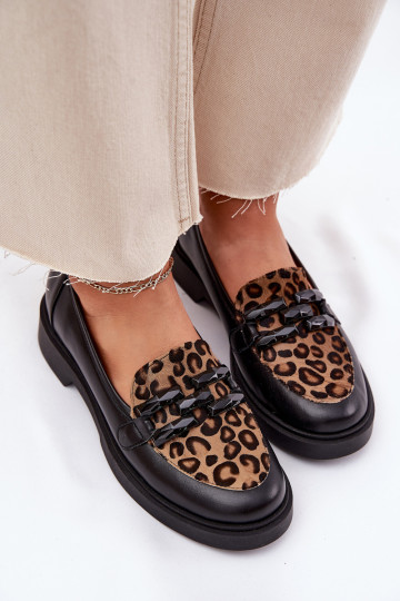 Mocasines de piel negros con estampado de pantera Laura Messi 2965