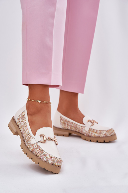 Piel mocasines de mujer Ze color doradom Detalem Laura Messi 2938 color marfil