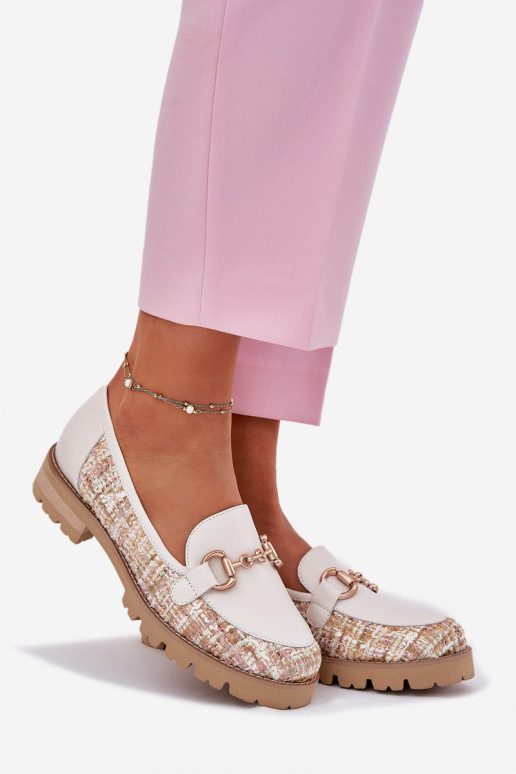 Piel mocasines de mujer Ze color doradom Detalem Laura Messi 2938 color marfil