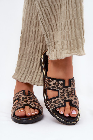Pantuflas de piel negra con estampado de leopardo Zazoo 40383 2