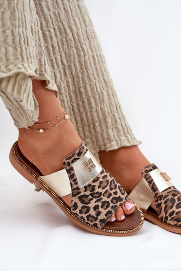 Estilo elegante Zapatillas Hecho de cuero natural con tacones anchos Zazoo 40423 con estampados de piel de leopardo