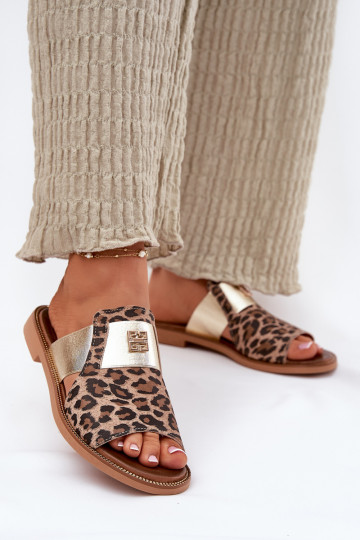 Pantuflas elegantes de piel natural con tacones anchos y estampado de leopardo Zazoo 40423 2