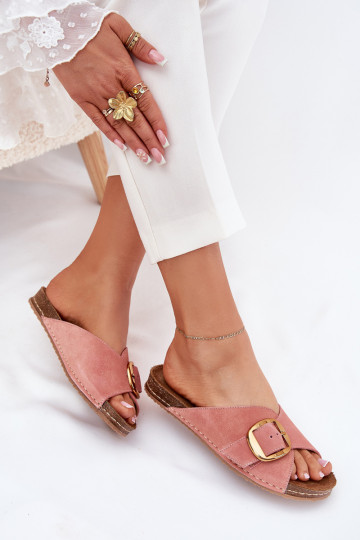 Chanclas de cuero color rosa con hebillas doradas Tai turiciejka 07000-15