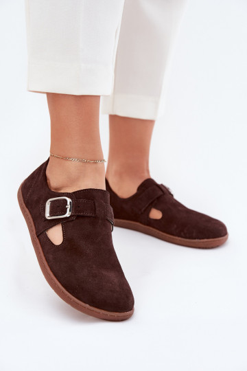 Zapatos de gamuza color chocolate para mujeres Barefoot con hebillas Łaty Zazoo N1261