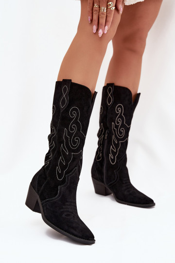 Botas de mujer de caña alta estilo vaquero de ante con tacones, negros, Karira