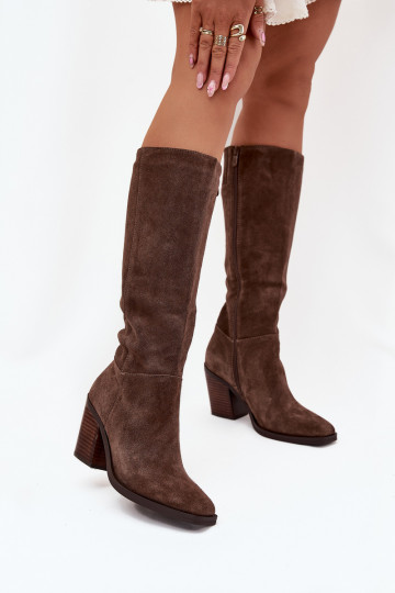 Botas de mujer de caña alta de ante con tacones y cierre, marrones, Lissara