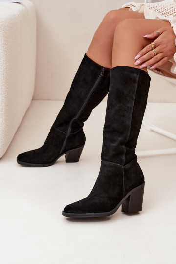 Botas de mujer de caña alta de ante con tacones y cierre, negras, Lissara