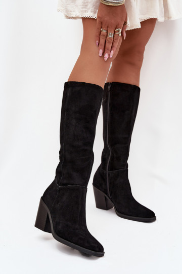 Botas de mujer de caña alta de ante con tacones y cierre, negras, Lissara 2