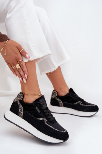 Zapatillas de ante para mujer Big Star OO274A312 HI-POLY SYSTEM, negras con estampado de leopardo