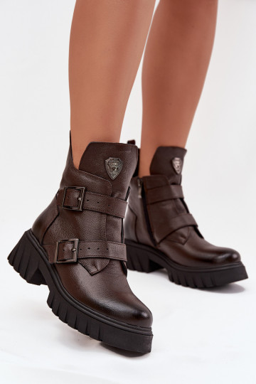Botines de cuero cálidos para mujer con hebillas y detalles decorativos Zazoo 60482 en color chocolate 2