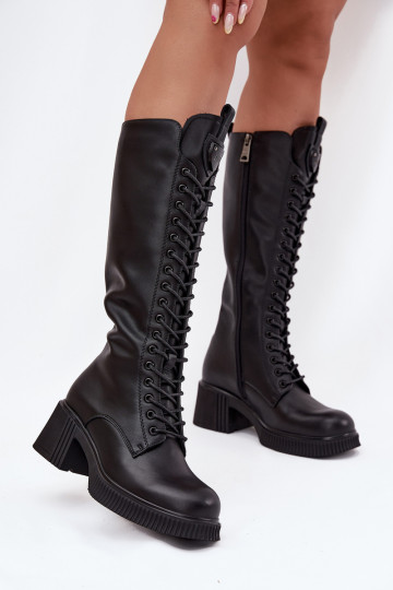 Botas largas de cuero con cordones y tacones, cálidas Vinceza 66804 en color negro