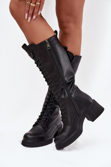 Botas largas de cuero con cordones y tacones, cálidas Vinceza 66804 en color negro 2
