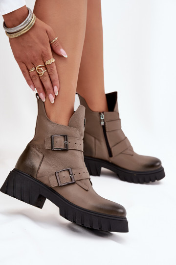 Botines de piel forrados para mujer con hebillas y adornos elegantes, Zazoo 60482, color arena