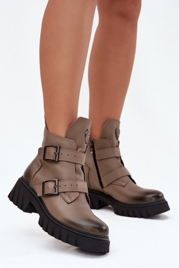 Botines de piel forrados para mujer con hebillas y adornos elegantes, Zazoo 60482, color arena 2