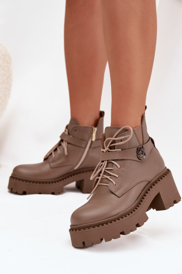 Botines de piel para mujer con tacones decorados, forrados, Zazoo 60557, color arena