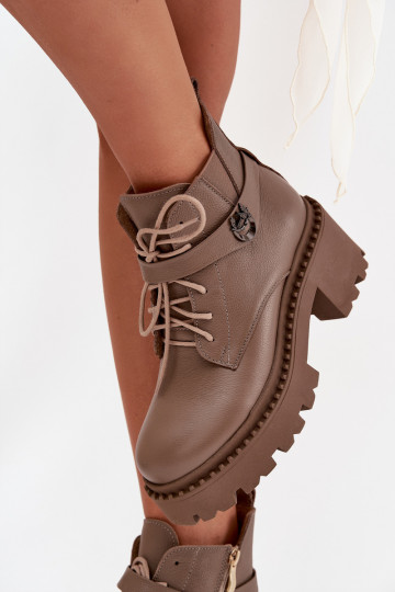 Botines de piel para mujer con tacones decorados, forrados, Zazoo 60557, color arena 2