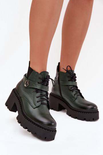Botines de piel para mujer con tacones decorados, forrados, Zazoo 60557, color caqui