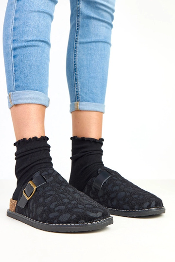Chanclas femeninas negras con plataforma de corcho, decoradas con estampado de leopardo Diane