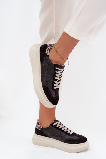 Zapatos de piel de estilo deportivo para mujer con plataforma y estampado de leopardo Zazoo N1263 en color negro