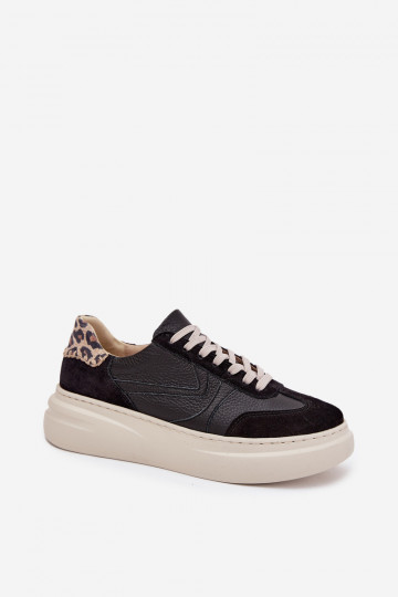 Zapatos de piel de estilo deportivo para mujer con plataforma y estampado de leopardo Zazoo N1263 en color negro 2