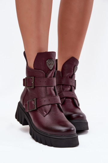 Botines de cuero cálidos para mujer con hebillas y detalles decorativos Zazoo 60482 en color burdeos