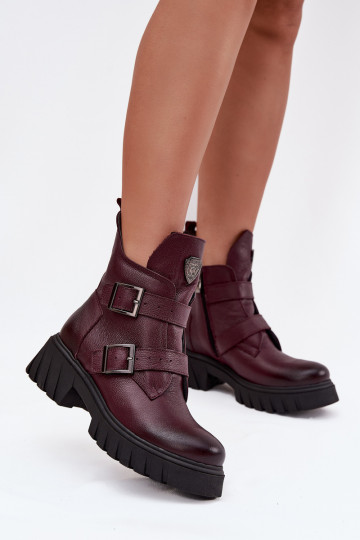 Botines de cuero cálidos para mujer con hebillas y detalles decorativos Zazoo 60482 en color burdeos 2