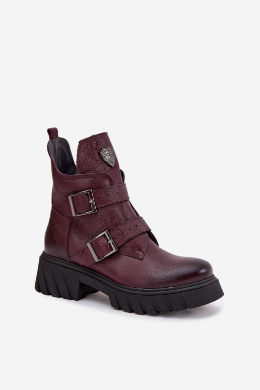 Botines de cuero cálidos para mujer con hebillas y detalles decorativos Zazoo 60482 en color burdeos Botines de cuero cálidos para mujer con hebillas y detalles decorativos Zazoo 60482 en color burdeos