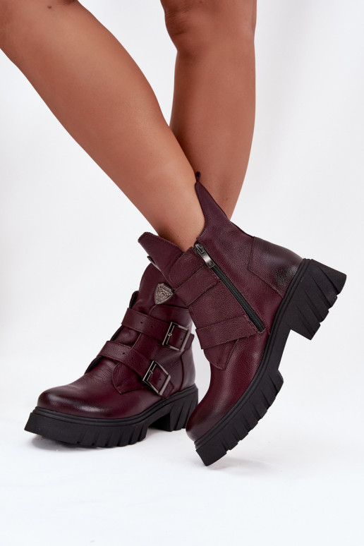 Botines de cuero cálidos para mujer con hebillas y detalles decorativos Zazoo 60482 en color burdeos Botines de cuero cálidos para mujer con hebillas y detalles decorativos Zazoo 60482 en color burdeos