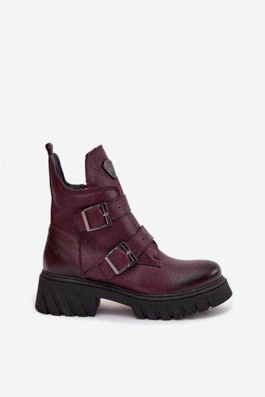 Botines de cuero cálidos para mujer con hebillas y detalles decorativos Zazoo 60482 en color burdeos Botines de cuero cálidos para mujer con hebillas y detalles decorativos Zazoo 60482 en color burdeos