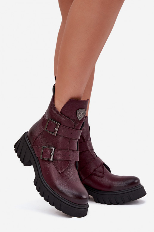 Botines de cuero cálidos para mujer con hebillas y detalles decorativos Zazoo 60482 en color burdeos Botines de cuero cálidos para mujer con hebillas y detalles decorativos Zazoo 60482 en color burdeos