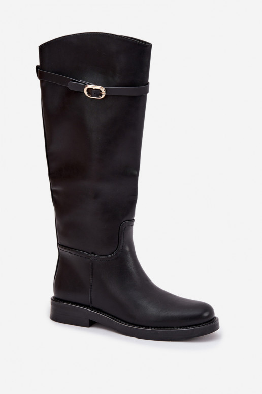 Botas de caña alta para mujer con tacones anchos, correas y hebillas doradas, color negro, Sylvena